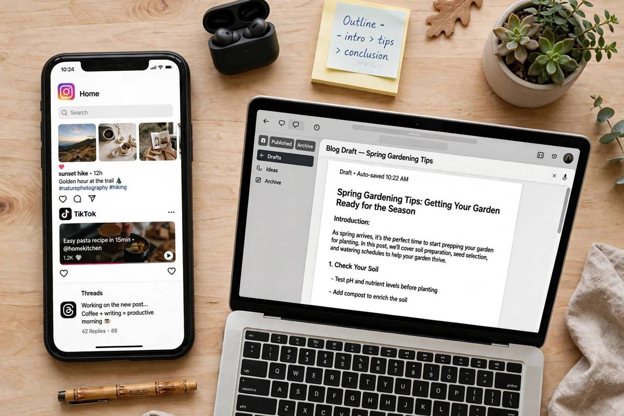 Flat lay of a phone showing social apps beside a laptop with a blog draft open