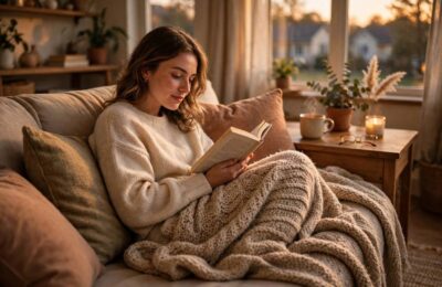 Woman learning how to read faster and remember more while reading curled up on a cozy couch in warm light