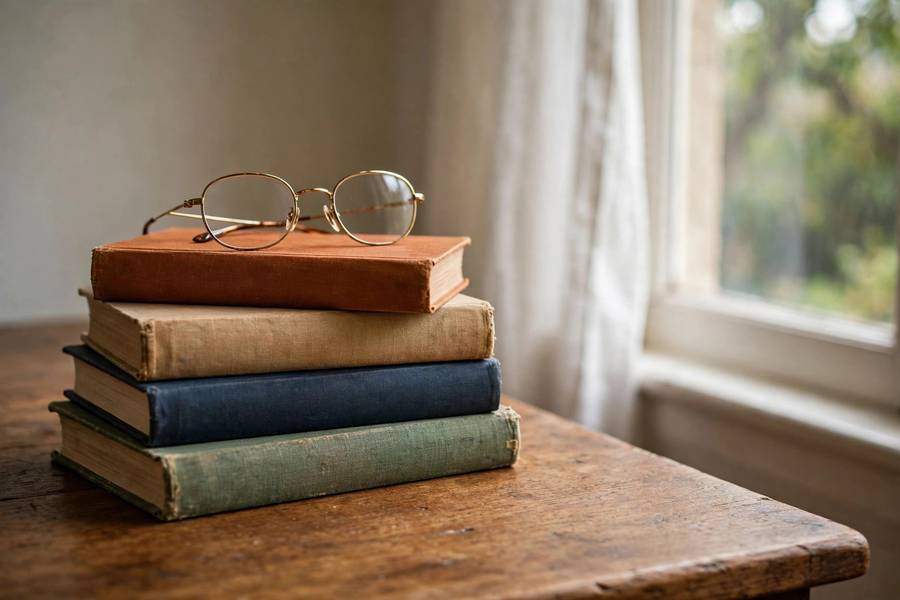 Stack of books with reading glasses on a wooden desk — a calm reading habit helps you read faster and remember more