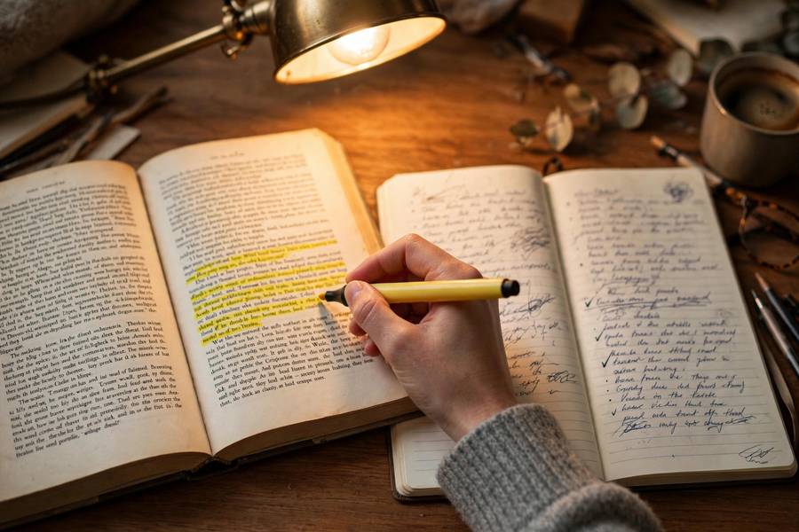 Person highlighting notes in a book with a notebook beside it — a simple way to read faster and remember more