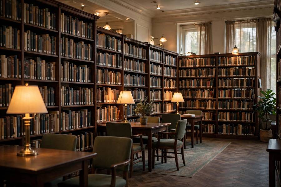 Quiet library reading room with rows of books, an ideal place to read faster and remember more