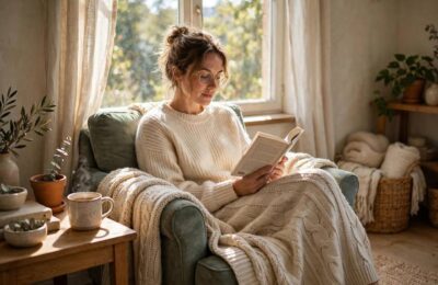 Woman enjoying quiet reading time at home as part of how to read more books