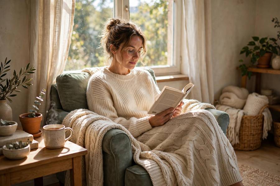 Woman enjoying quiet reading time at home as part of how to read more books