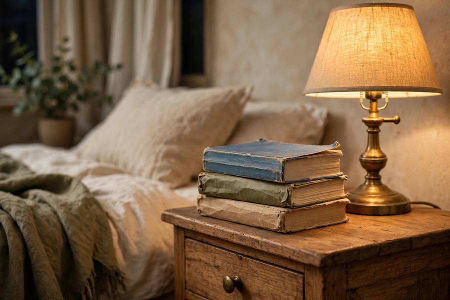 A bedside stack of books ready for nightly reading sessions