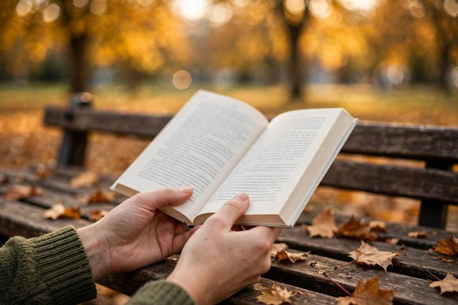 Reading a book on a park bench to fit more books into a busy day