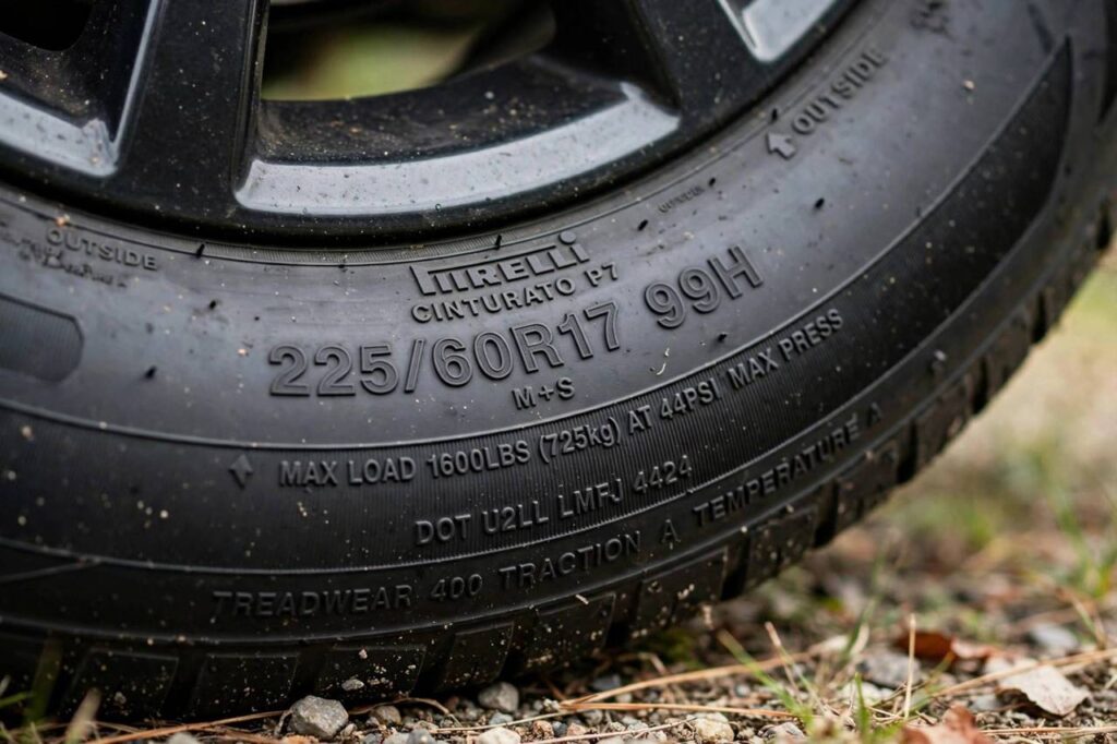 Close-up of a car tire sidewall showing raised size and rating numbers