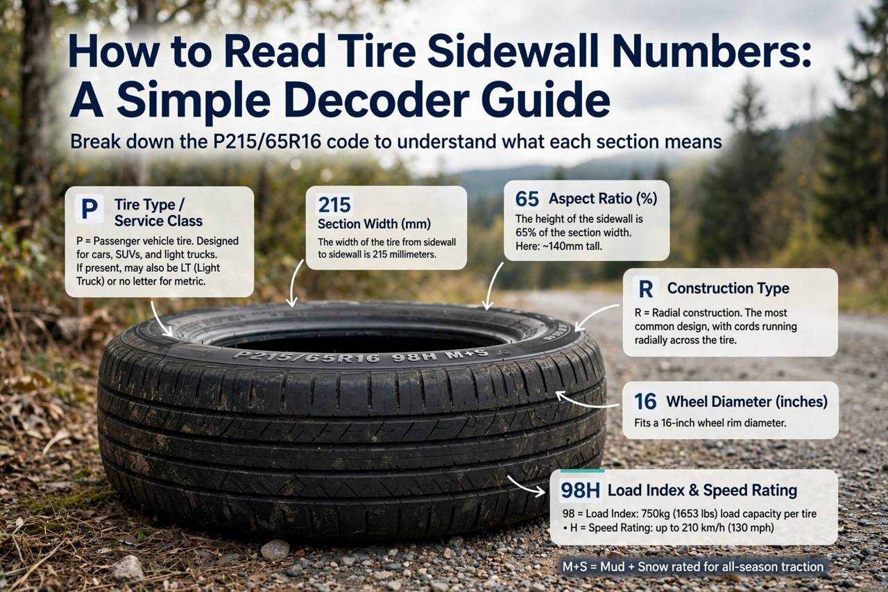 Labeled diagram explaining each part of a tire size code like P215/65R16