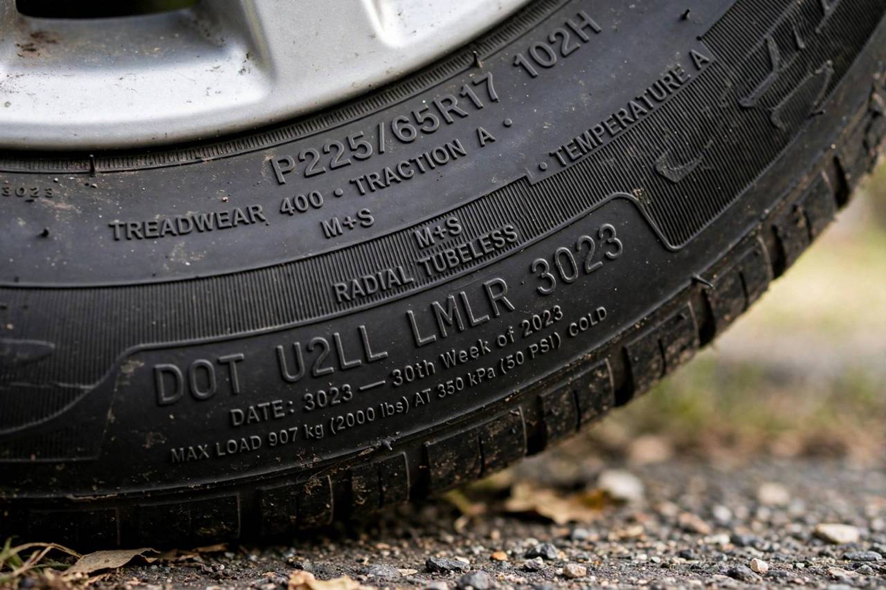Close-up of a DOT code stamped on a tire sidewall showing the manufacture date