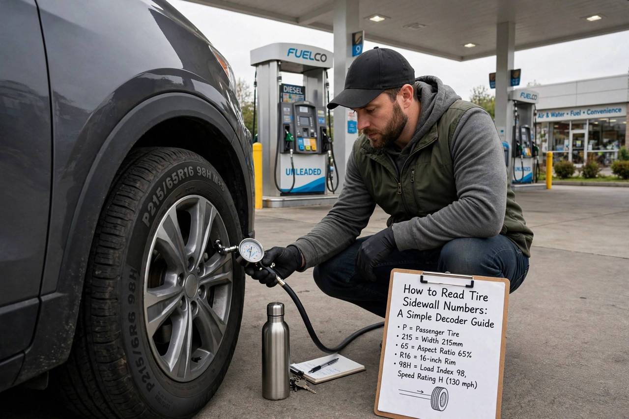 Driver checking tire pressure with a gauge at a fuel station