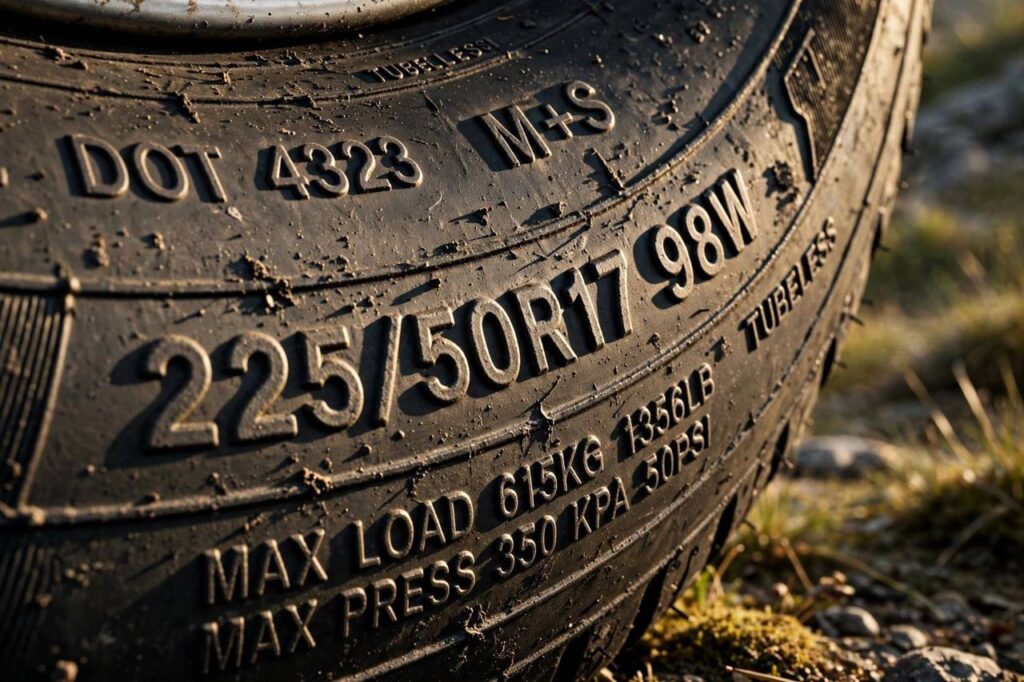 Close-up of tire sidewall showing the size code numbers and letters