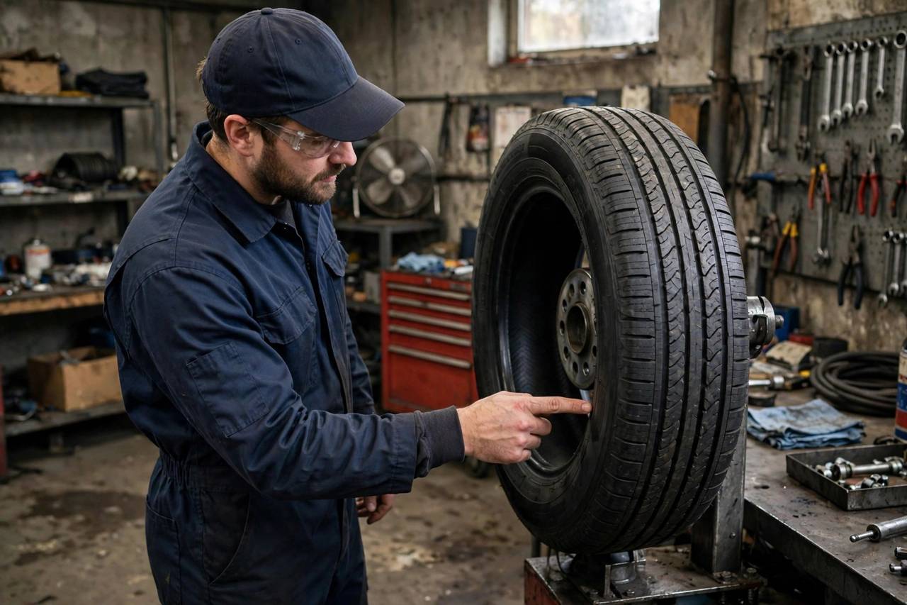 Mechanic pointing at tire sidewall markings explaining the size code