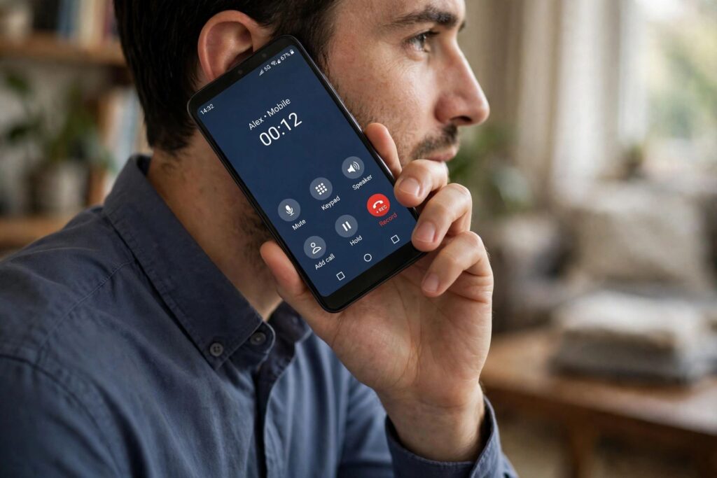 Android smartphone during an active phone call with the call recording button visible