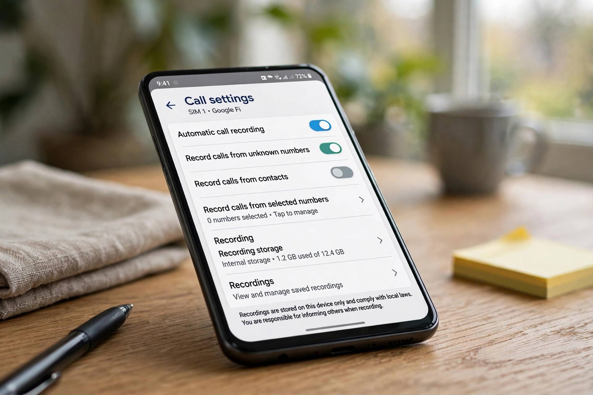 Android phone call settings screen with automatic call recording options