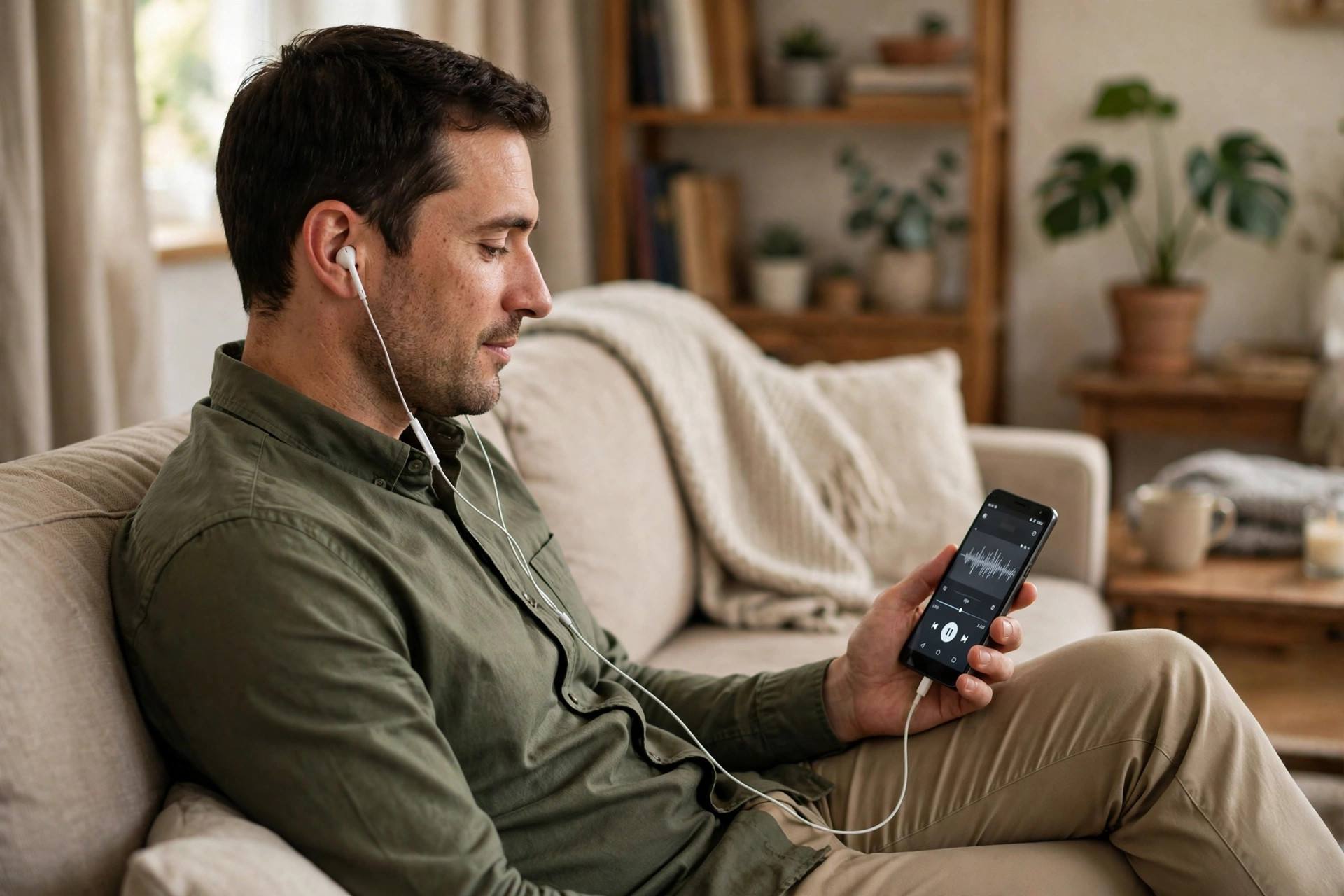 Person listening to a recorded phone call on Android with earphones