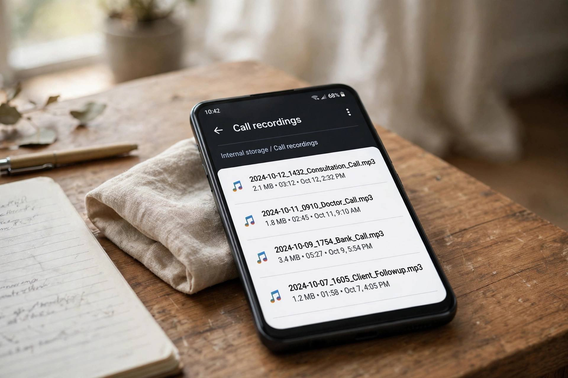 File manager on Android showing a folder of saved call recordings