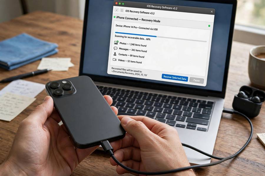 Recovering deleted photos by connecting an iPhone to recovery software on a laptop