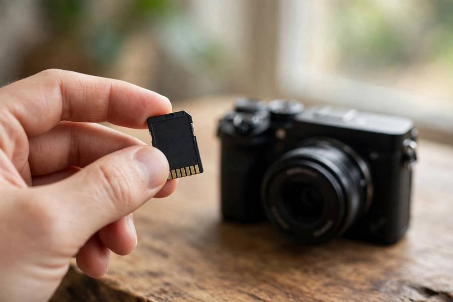 Hand holding an SD memory card next to a digital camera