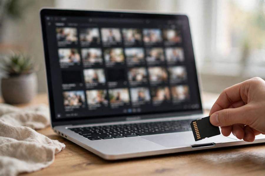 SD card in a USB card reader connected to a laptop for recovery