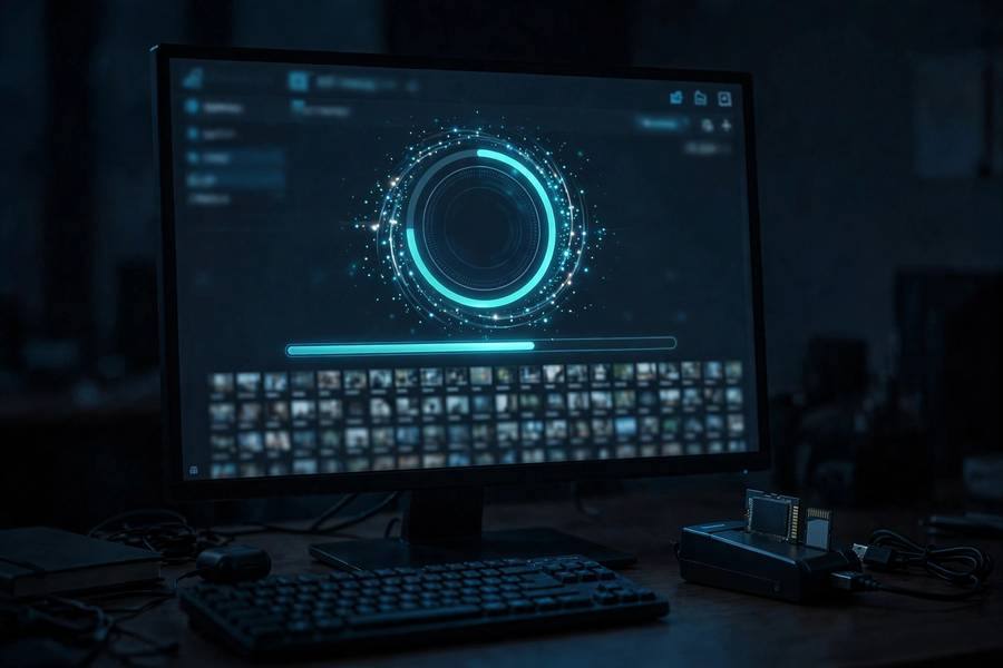 Photo recovery software deep-scanning a memory card on a computer