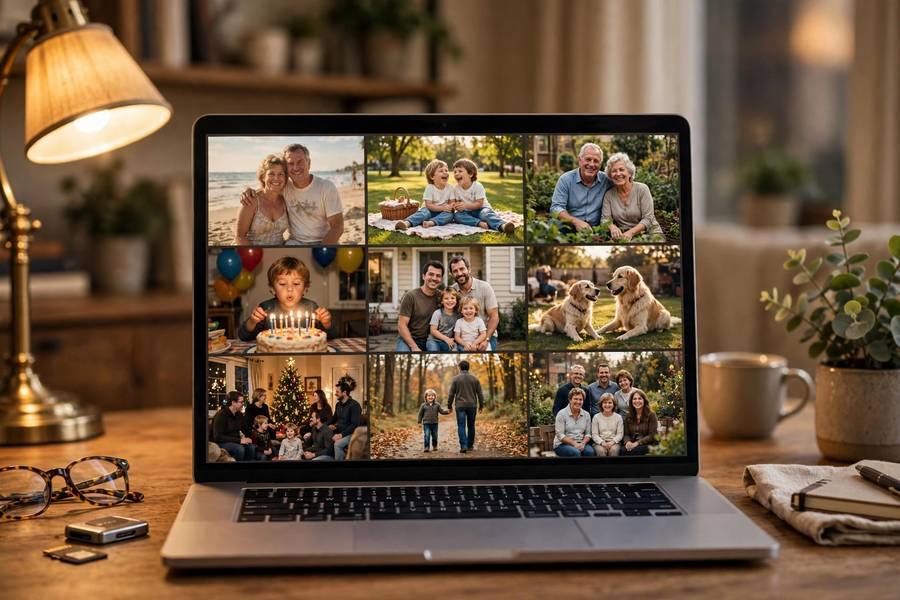 Recovered photos displayed on a laptop after SD card recovery