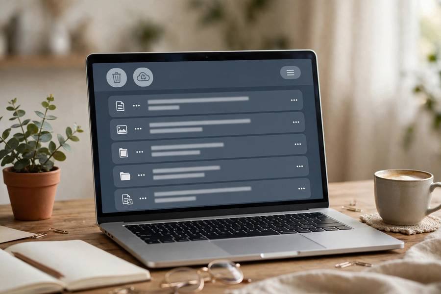 Cloud storage trash folder open on a laptop screen