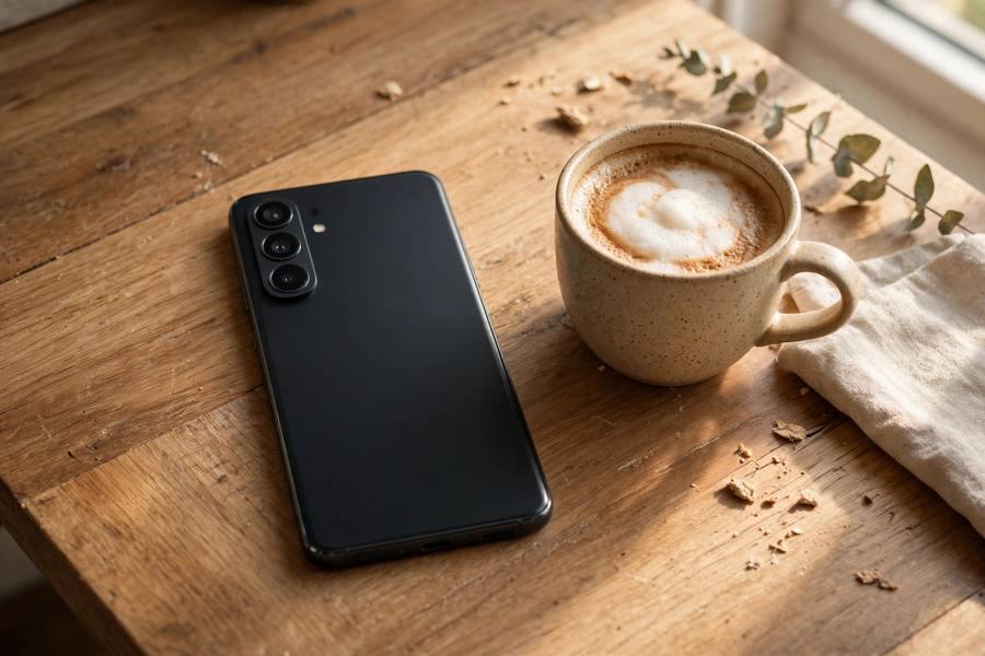 Samsung Galaxy phone on a wooden desk