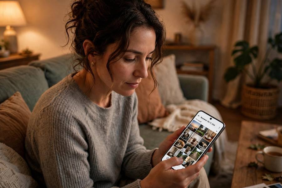 Person reviewing recovered photos on a Samsung phone