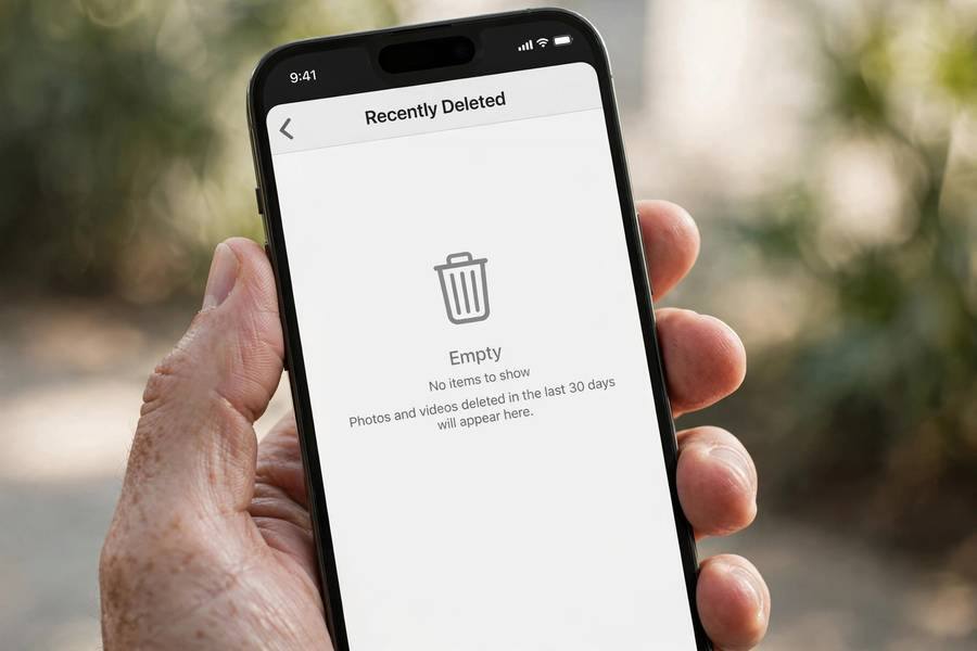iPhone showing an empty Recently Deleted photos album