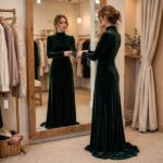 How to Recreate Red Carpet Looks on a Budget Woman trying on an elegant evening gown in a boutique fitting room