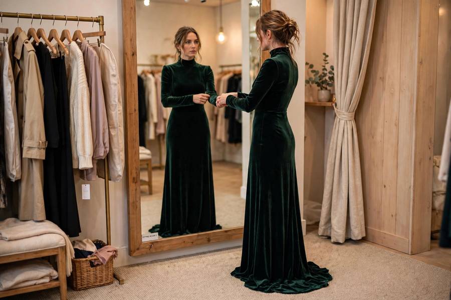 Woman trying on an elegant evening gown in a boutique fitting room