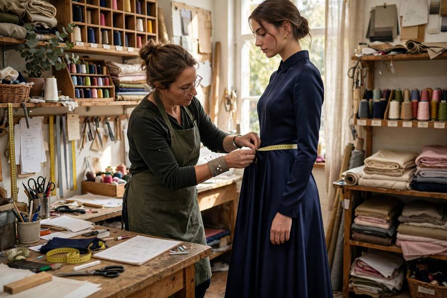 Tailor altering a formal dress on a client