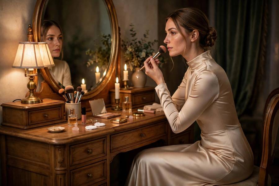 Woman doing her makeup before an evening event