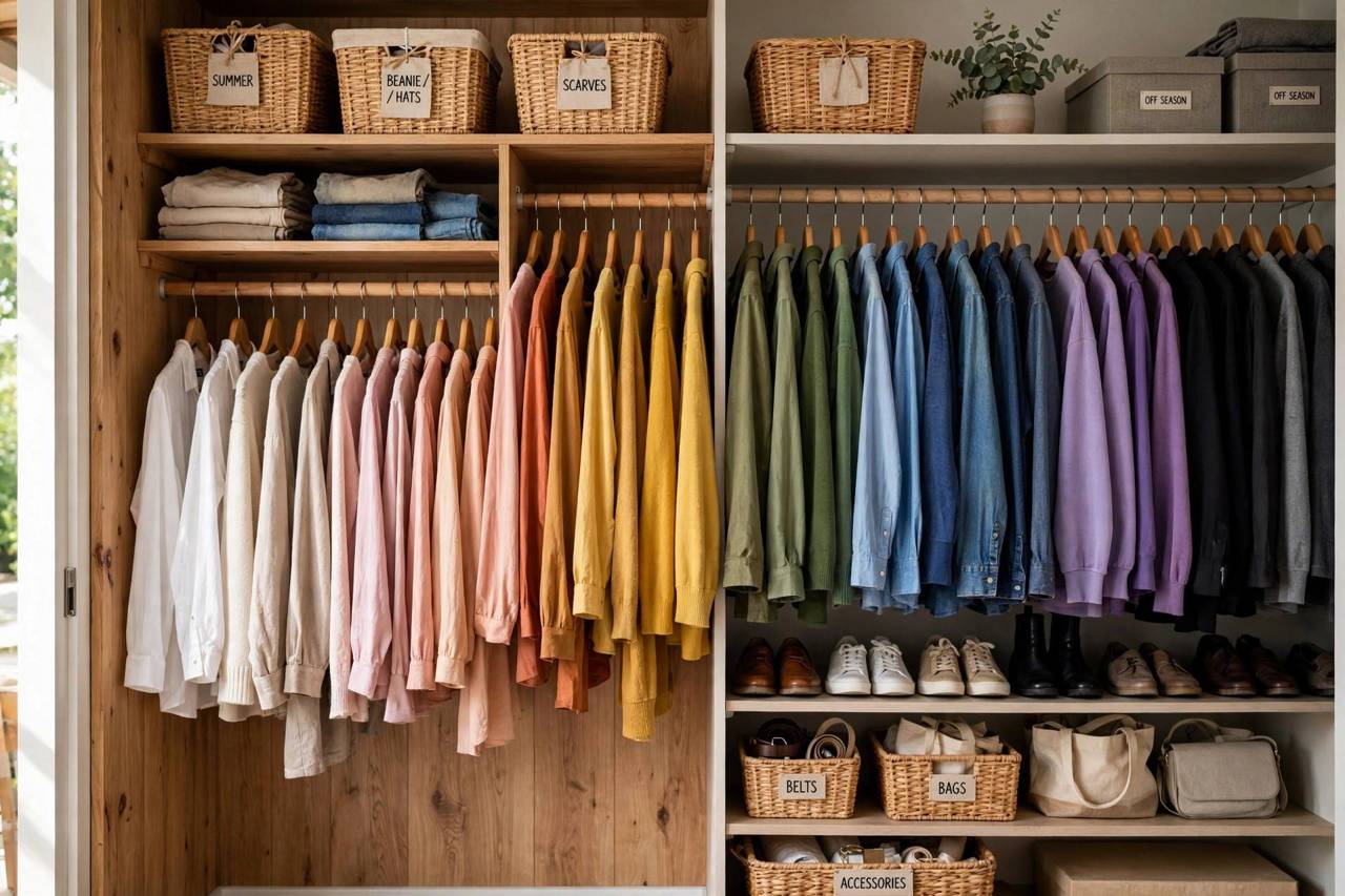 Neatly organized closet with clothes arranged by color on hangers