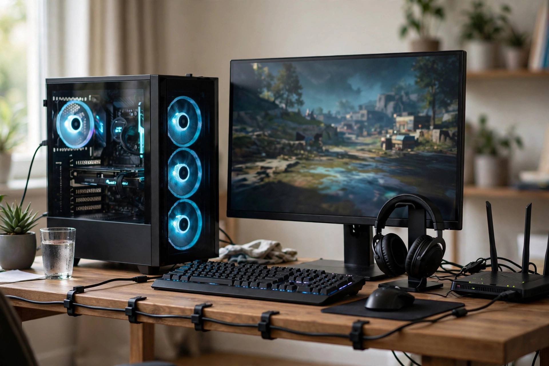 Gaming setup with a wired ethernet cable connected to a PC next to a monitor showing an online game