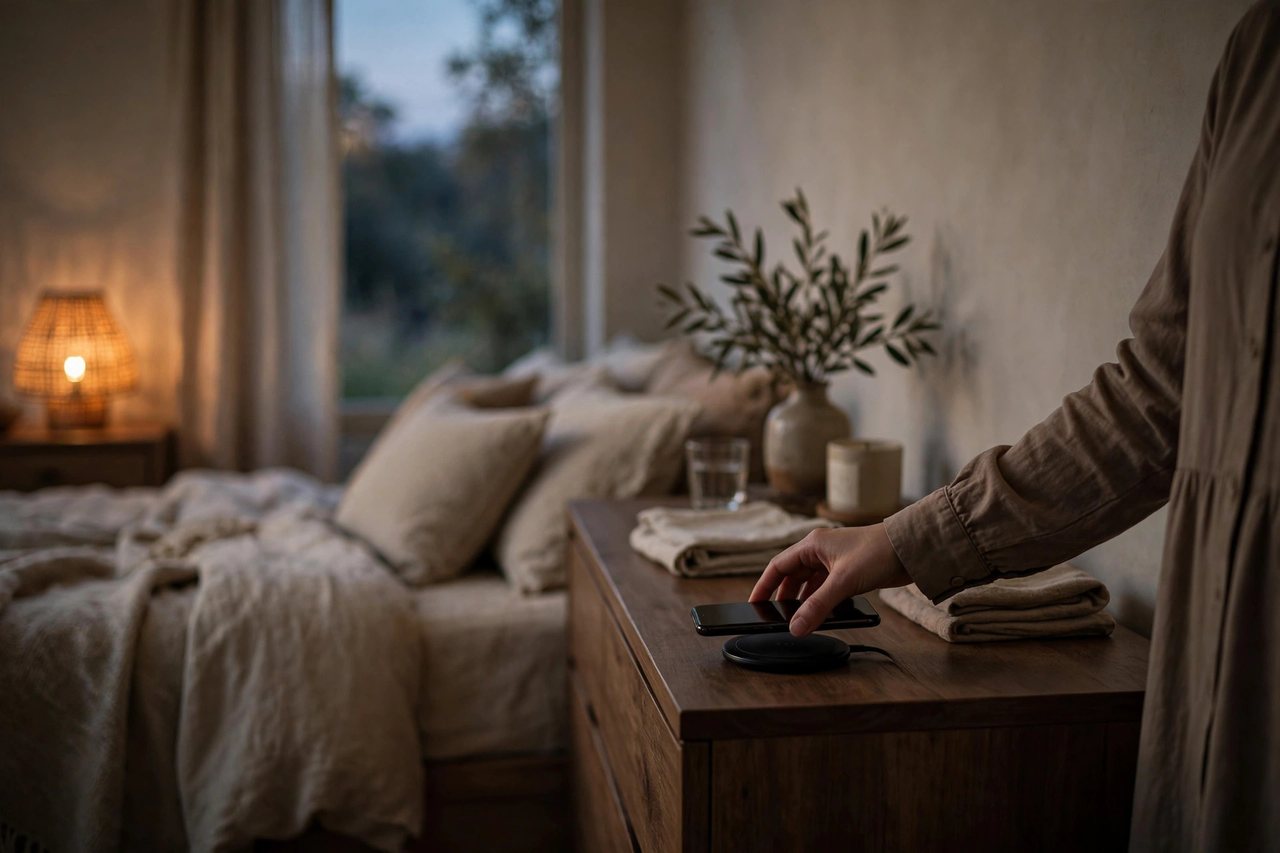 Person placing smartphone on a nightstand charger across the room before sleep