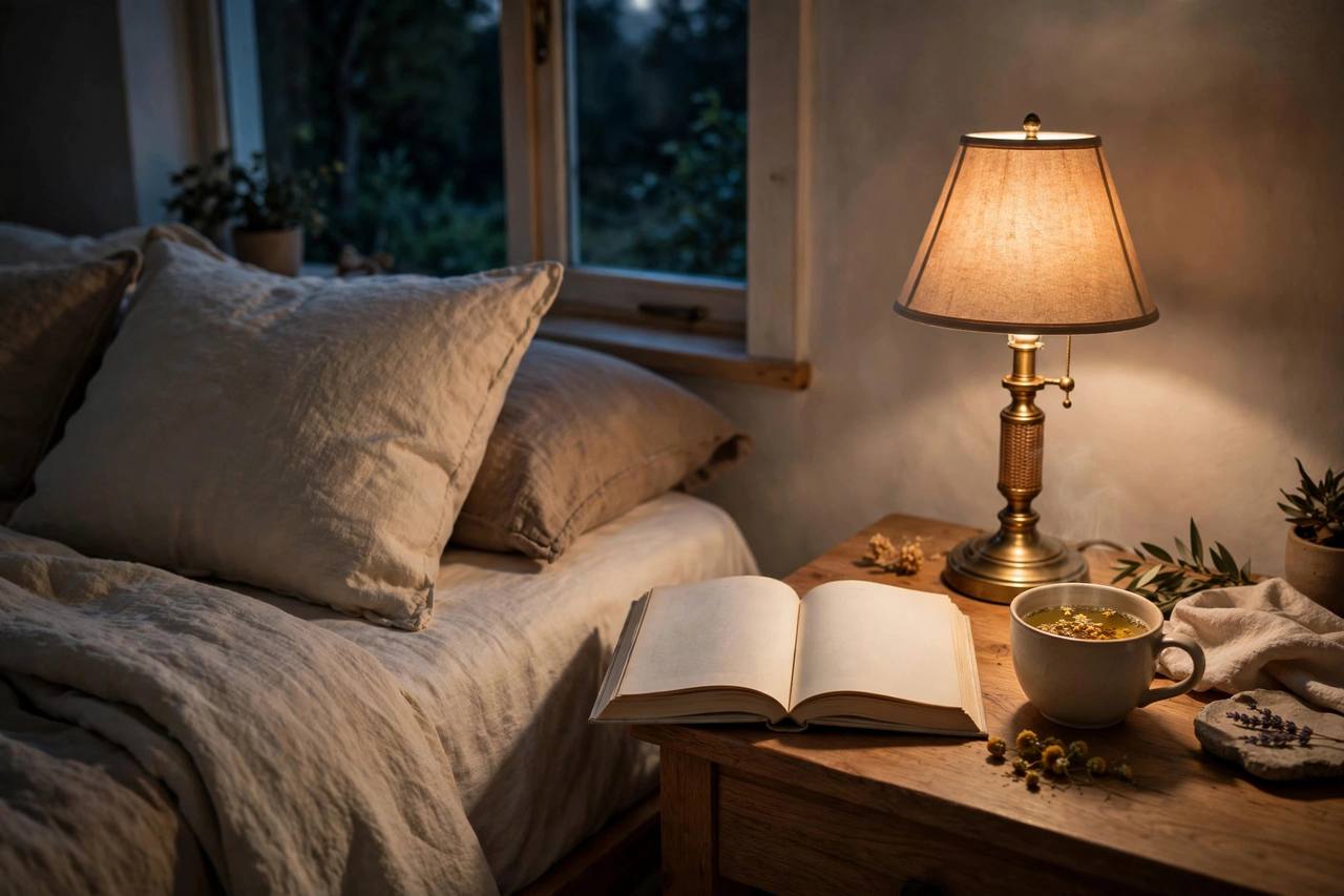Cozy bedroom with warm lamp light and a book on the bedside table at night