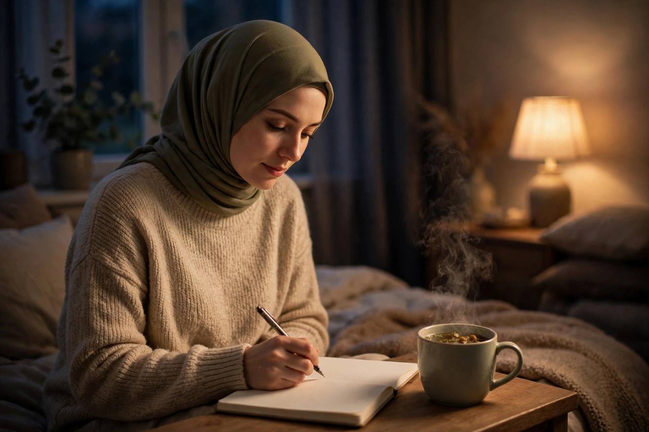 Woman journaling with herbal tea in a dimly lit bedroom during evening wind-down
