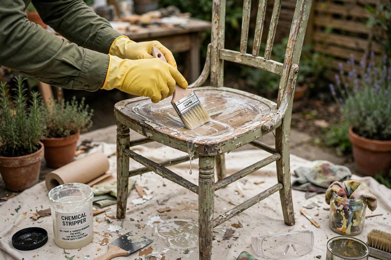 Hands applying chemical stripper to an old wooden chair