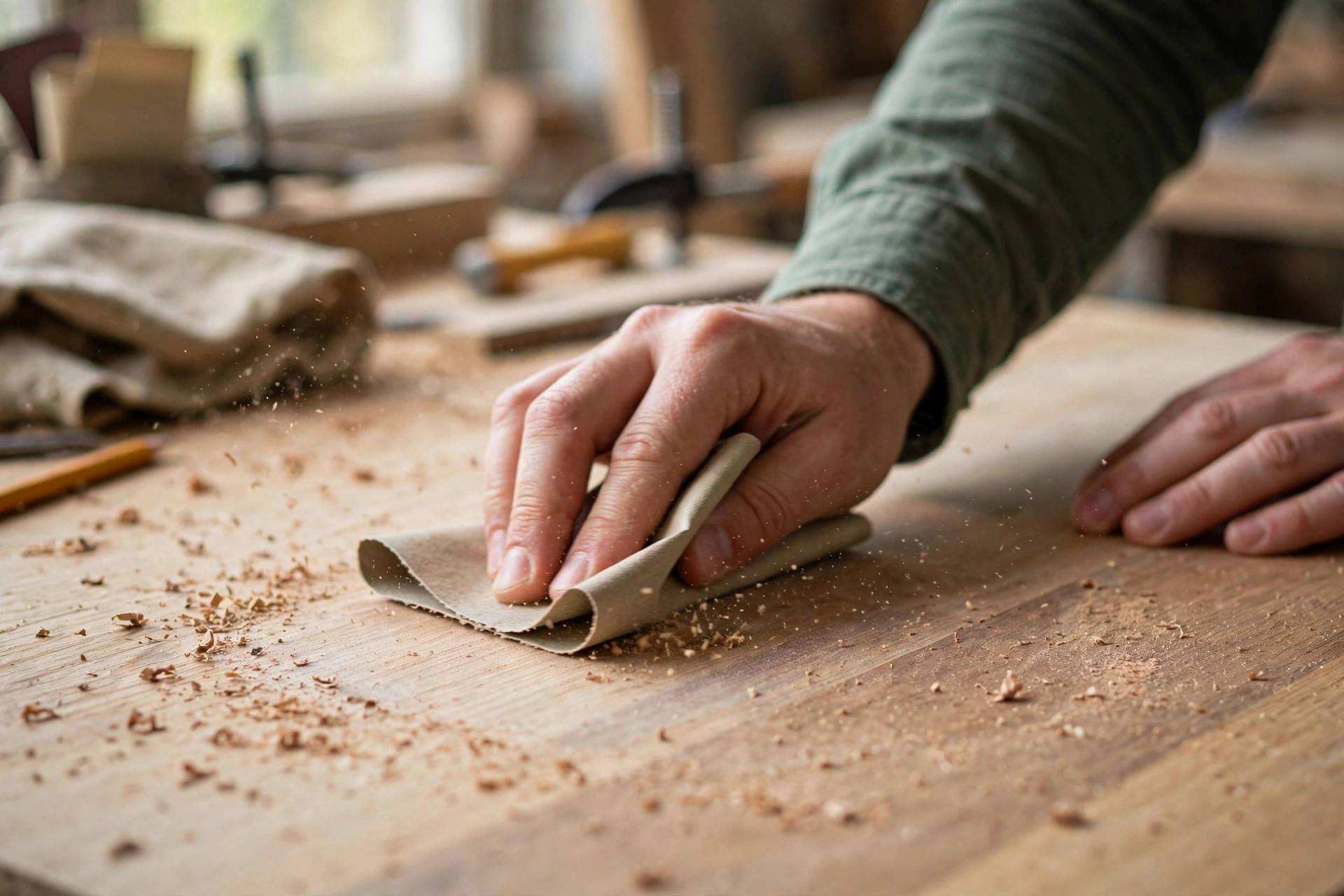 Close-up of hands sanding a wooden tabletop with sandpaper