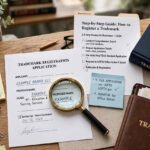 How to Register a Trademark: A Step-by-Step Guide Trademark registration documents and magnifying glass on a lawyer desk