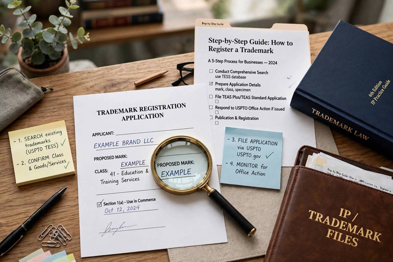 Trademark registration documents and magnifying glass on a lawyer desk