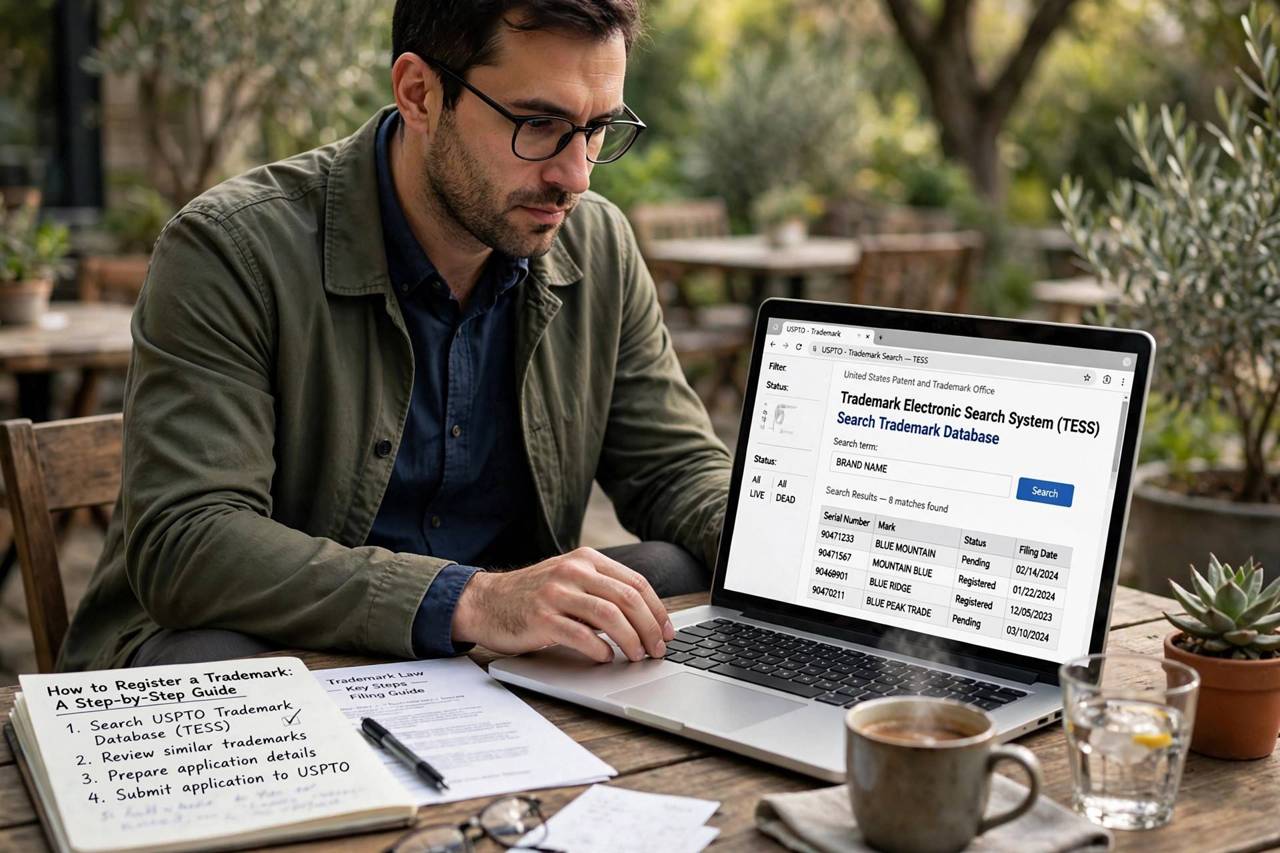 Person searching trademark database on a laptop computer