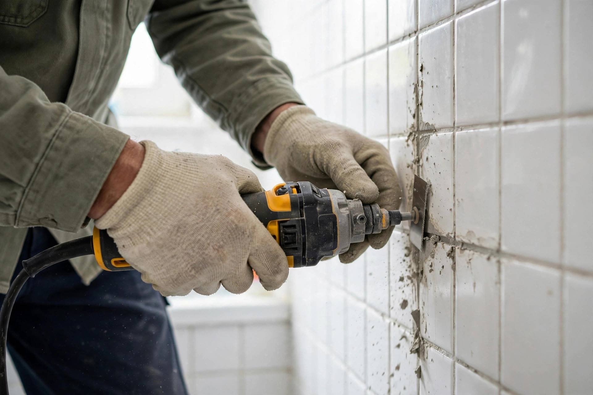 A worker using an oscillating multi-tool to remove old grout between bathroom tiles