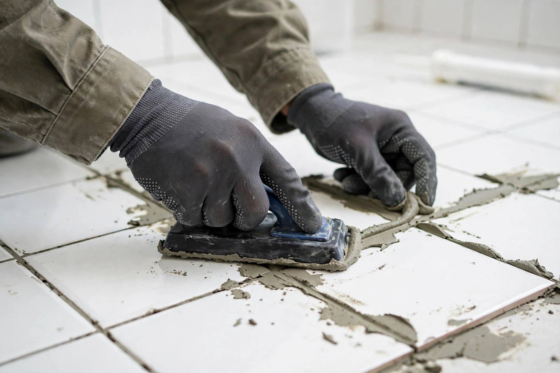 Hands applying new grout to bathroom tile joints with a rubber grout float