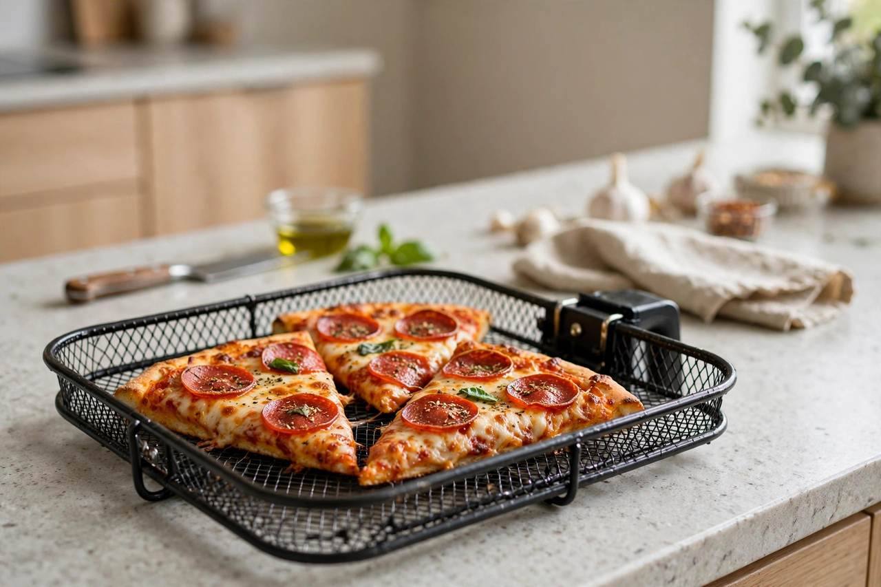 Air fryer basket with pizza slices inside on a kitchen counter