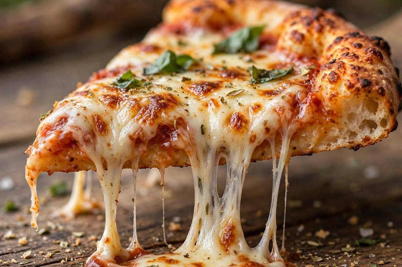 Close-up of a perfect reheated pizza slice with melted cheese pull