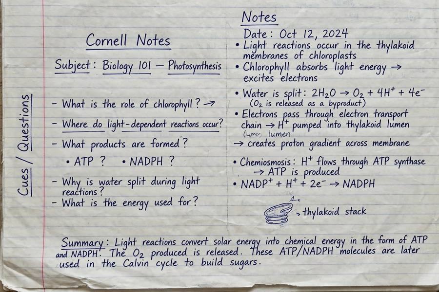 Cornell-style notes with cue questions