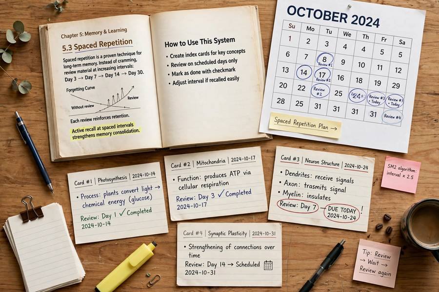 Spaced review cards with textbook and calendar