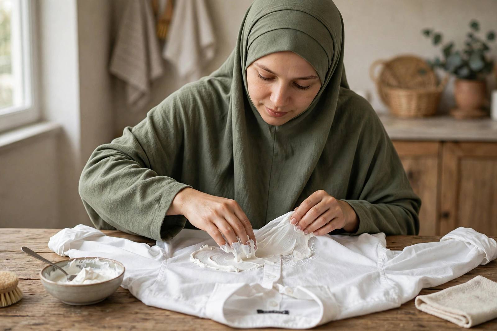A person applying baking soda paste to the underarm of a white shirt on a table