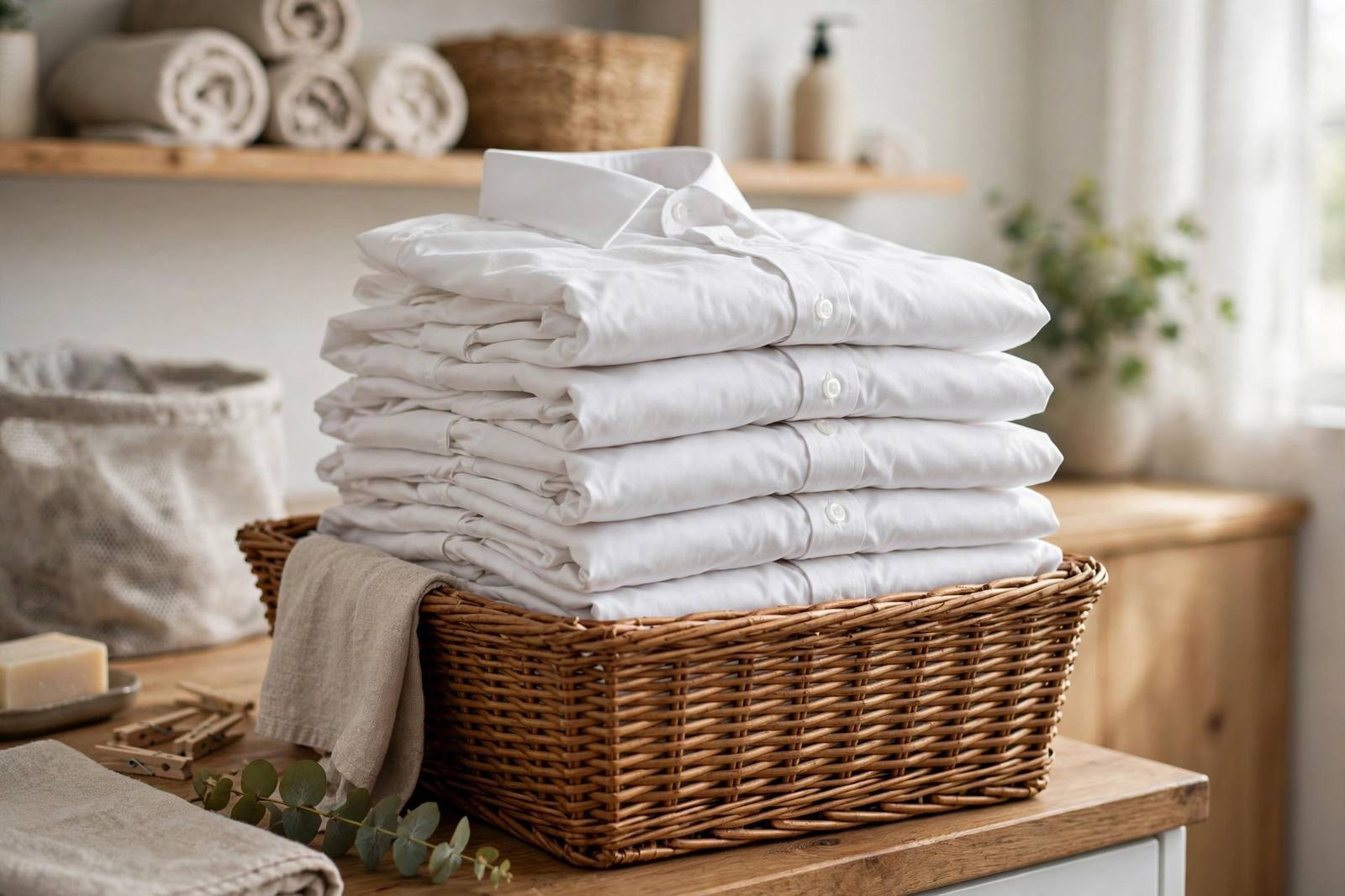 A stack of folded crisp white shirts in a laundry basket